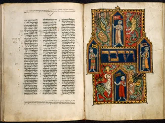 Přidat. 15282 fol.179v-180 Zdobené první slovo Knihy čísel, od „Vévody ze Sussexu německý Pentateuch“, kolem 1300 (vellum)