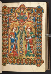 Přidat. 60629, f.34 Kristus a andělé korunují dva mnišské svaté (vellum)
