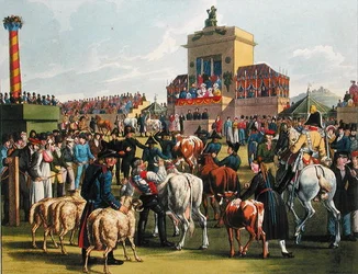 Zemědělská výstava v Cannstattu, Wurttemberg, kolem roku 1820 (barevná rytina)