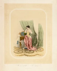 Elegantní dáma u toaletního stolku, tisk F. Sala & Co, Berlín, cca 1850