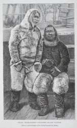 Arctic Highlanders - Saunders Island Natives, hospoda. Londýn 1886 (rytina)