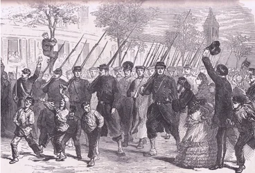 Příjezd, do Paříže pruských zajatců po bitvě před Bagneunem, Cassells History of the War between France and Germany vydané nakladatelstvím Cassell and Company Limited, kolem roku 1890 (litho)