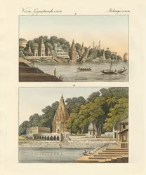Benares a jeho pagody (barevná rytina)