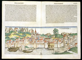 Pohled na Kostnici z ptačí perspektivy z Norimberské kroniky od Hartmanna Schedela (1440-1514) 1493