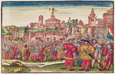 Kniha Zjevení, kapitola XXV, z Lutherovy bible, kolem roku 1530 (barevný dřevoryt)