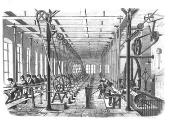 Dětští dělníci v papírenské továrně v Aschaffenburg, Německo, 1858