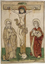 Kristus na kříži s Marií a svatým Janem, kolem 1470-80 (ručně kolorovaný dřevoryt na pergamenu)