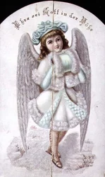 Vánoční přání anděla s manžetou, německy, kolem roku 1880 (tisk)