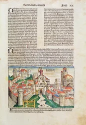Město Ninive, z „Liber Chronicarum“ od Hartmanna Schedela (1440-1514) 1493 (barevný dřevoryt)