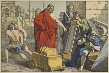 Stavba jeruzalémského chrámu, ilustrace z LAncien Testament, vydal Jakob Ferdinand Schreiber, Esslingen (barevná rytina)