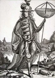 Kostým pro rybáře, hospoda. od Gerarda Valcka (1651-2-1726) kolem 1690 (rytina)