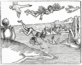 Daedalus, útěk z Kréty se svým synem Ikarem, ho vidí padat k smrti, 1493 (dřevoryt)