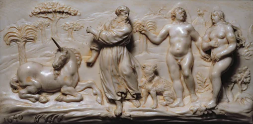 Detail plakety z jihoněmeckého Kunstcabinetu, zobrazující Adama a Evu