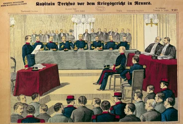 Dreyfusův případ: soudní proces s kapitánem Dreyfusem (1859-1923) Ilustrace z německého tisku