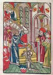 Císař Zikmund (1367-1437) Lucemburský dabující rytíře (barevný dřevoryt)