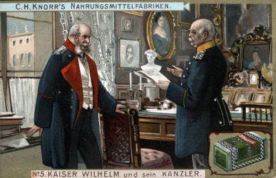 Německý a pruský císař Vilém I. (1797-1888) a kancléř Otto von Bismarck (1815-1898) diskutují o politických otázkách. Chromolitografie, konec 19. století.
