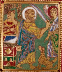 Smaltovaná destička zobrazující proroka Abraháma a obětování Izáka. Porýnská škola. 12. století. Florencie, Museo Nazionale del Bargello