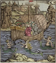 Eneide de Virgil (70 př. n. l. – 19 př. n. l.), trojští hrdinové Enee a jeho společníci překračují moře plné sirén. Xylografie od Sebastiana Branta (1458-1521). Štrasburk