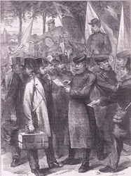 Angličtí obyvatelé opouštějící Paříž, Cassells History of the War between France and Germany vydané nakladatelstvím Cassell and Company Limited, kolem roku 1890 (litho)