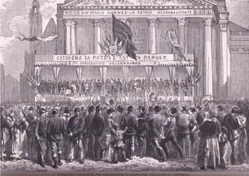 Zapisování dobrovolníků na obranu Paříže, Cassells History of the War between France and Germany vydané nakladatelstvím Cassell and Company Limited, kolem roku 1890 (litho)