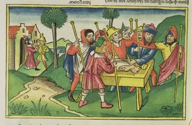 Exodus 12 První Pesach, z norimberské bible (Biblia Sacra Germanaica) (barevný dřevoryt)