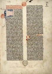 První strana Gutenbergovy latinské Bible (Vulgáty), připravené v Mohuči 1452 - 1454. Začátek epištoly svatého Jeronýma knězi Paulinovi o všech knihách Písma svatého.