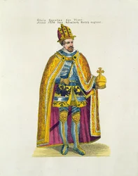 Založení německé univerzity v roce 1348 v Praze císařem Svaté říše římské Karlem IV. (1316-78), pohlednice z počátku dvacátého století