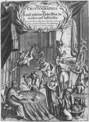 Frontispis, ilustrace z Cryptographia, nebo tajné spisy Johanna Balthasara Fridericiho, vyryté Johanem Friedleinem (17. století) vydané v Hamburku, 1685