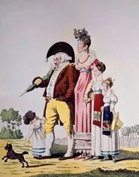 Německá buržoazní procházka v neděli Karikatura představující německou rodinu v nedělních šatech. Rytina 19. století. Berlín. Kunstbibliothek