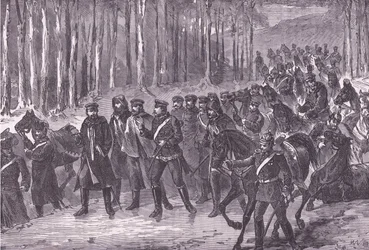 Německá kavalerie na cestě do Paříže, Cassells History of the War between France and Germany vydané nakladatelstvím Cassell and Company Limited, kolem roku 1890 (litho)
