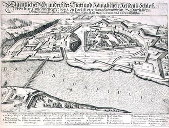 Půdorys města a hradu Pressburg a jeho opevnění v roce 1663, ilustrace z knihy o osmanských taženích v Evropě, rytina Paula Fursta (asi 1605-66) (rytina)