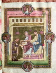 Jindřich III. (1017-56) s apoštoly Simonem a Judou, z Codexu Caesareus Upsaliensis, kolem roku 1045