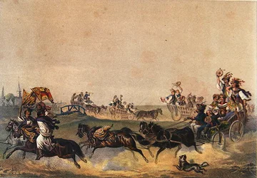 Maďarský svatební průvod, kolem 1855 (barevné lito)