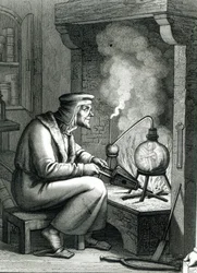 Ilustrace z Goethova Fausta zobrazující Mefistofela vytvářejícího homunkula, 1854
