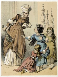 Ilustrace pohádek Franze Hoffmanna “”Tales et Fables - Les 3 Gifts”””: žena zneužila 3 dívky. Chromolitografie 19. století.
