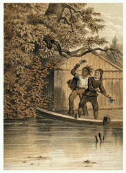 Ilustrace dobývání řeky Amazonky Evropany. v „De Bootslieden der Amazon-River“, Karl Muller, Nizozemsko