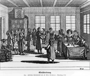 Ilustrace převzatá z židovského obřadu nebo popis těchto zvyklostí od Paula Christiana Kirchnera, 1724