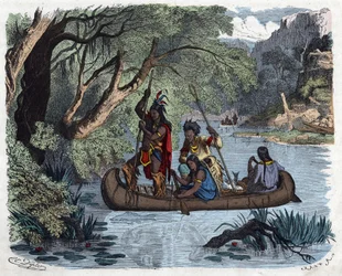 Indiáni lovící na kánoi na řece v Americe. V „“ Wenn Jemand eine Reise thut, tak kann er was erzahlen““ (Když někdo cestuje, tohle může vyprávět), německá pohádka Franze Wiedemanna
