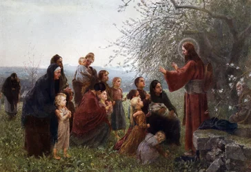 Ježíš se ženami a dětmi („Nechte děti přijít ke mně“), Německo v. 1880.
