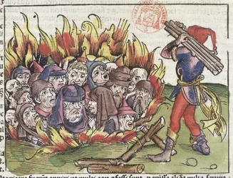 Židé upálení na hranici, z Norimberské kroniky Hartmanna Schedela (1440-1514), 1493
