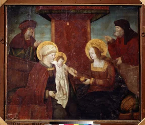 Svatá rodina (svaté příbuzenství). Obraz německého mistra (16. stol.). Olej na dřevě, 95 x 113 cm, kolem 1520. Německá škola, renesance. Puškinovo muzeum výtvarných umění, Moskva.