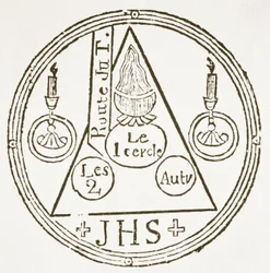 Magický kruh, kopie ilustrace z Dreyfacher Hollenzwang od Dr. Fautense, Passau 1407, reprodukováno v Das Kolster Vol V, od J Scheible, 1845, použité v Historii magie, vydané koncem 19.