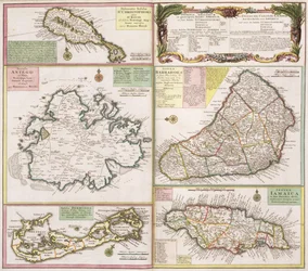 Mapa anglických kolonií v Karibiku, hospoda. od Homanns Heirs, Norimberk, kolem roku 1750 (podrobnosti viz 101837-38)