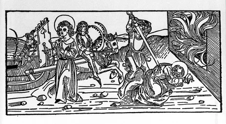 Umučení svatého Polykarpa ze Smyrny (asi 69-155), eveque. Rytina z „Leben der Heiligen - Sommerteil (kniha světce)“ od Jacoba (Jakuba) z Voragine (1228-1298)