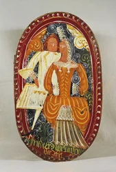 Marcipánová krabice zobrazující muže a ženu, cca 1660 (lakované dřevo)