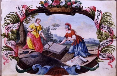 Minerva s architekturou představující postavu, kolem 1640 (kvaš na pergamenu)