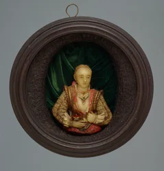 Miniaturní portrét, kolem roku 1600 (sklo, hedvábí a dřevo)