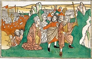 Mojžíš v Rudém moři, scéna z Norimberské bible, napsaná v němčině