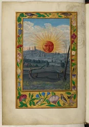 Paní Harley 3469, f.33v Slunce s vycházející lidskou tváří, Páté pojednání, z 