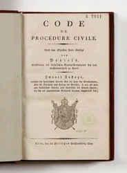 Napoleonský občanský soudní řád pro francouzské departementy na levém břehu Rýna, otevřený na titulní straně, Kolín, 1809 (tištěný papír)